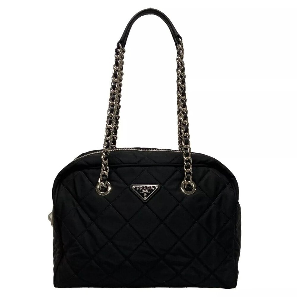 PRADA Triangle Logo - Black Nylon Leather Shoulder Bag 1130-122124